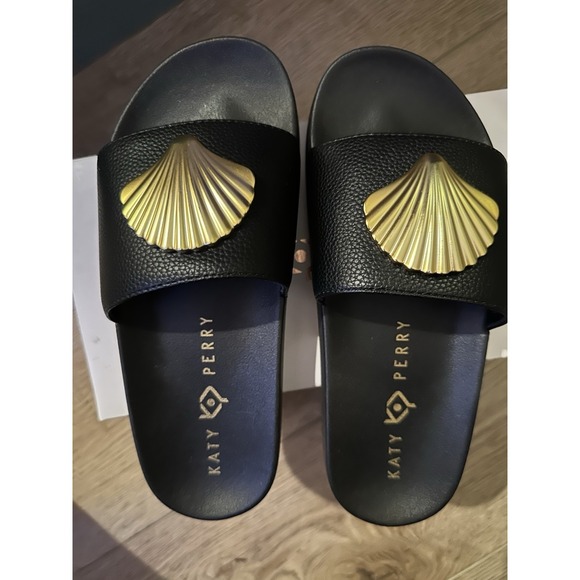 Katy Perry Collections Shoes - Katy Perry The Pool Slide Shell Black Sandals Women's Size 6 Gold Accent